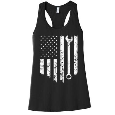 Vintage Distressed Repairman Car Mechanic USA Flag Women's Racerback Tank