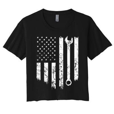 Vintage Distressed Repairman Car Mechanic USA Flag Women's Crop Top Tee