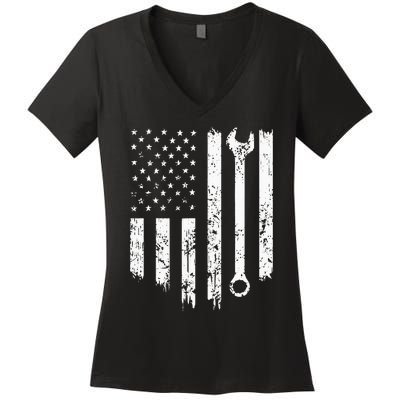 Vintage Distressed Repairman Car Mechanic USA Flag Women's V-Neck T-Shirt