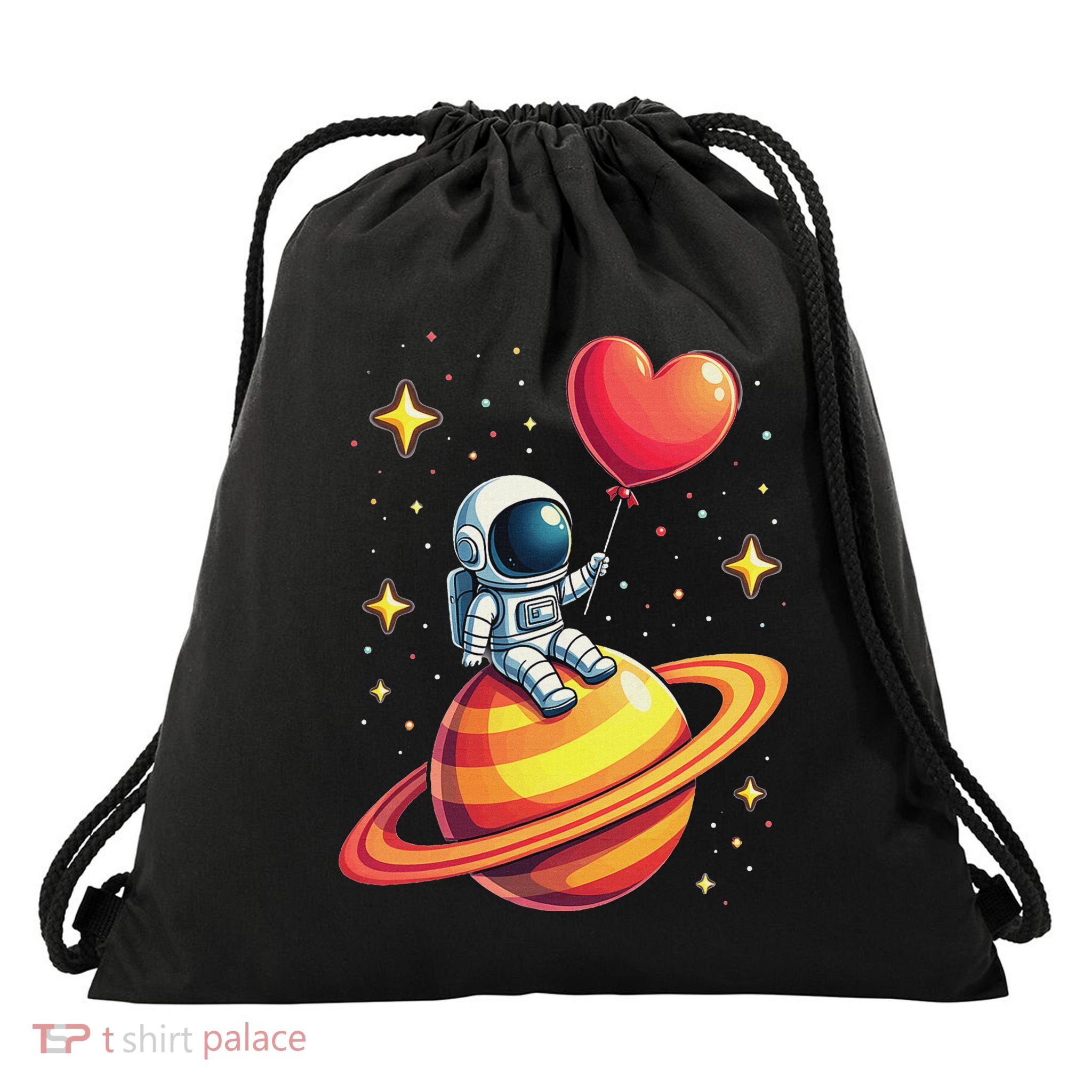 Valentines Day Space Astronaut Heart Balloon Drawstring Bag