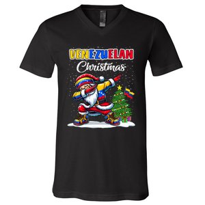 Venezuela Dabbing Santa Christmas Venezuela Flag V-Neck T-Shirt