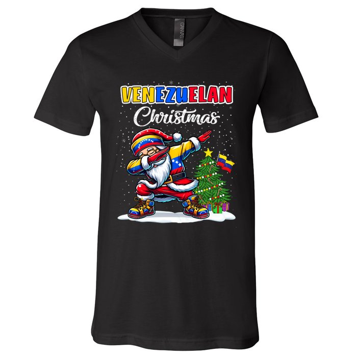 Venezuela Dabbing Santa Christmas Venezuela Flag V-Neck T-Shirt