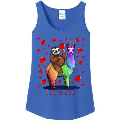 Valentines Day Sloth Riding Llama Unicorn Hearts Gift Ladies Essential Tank