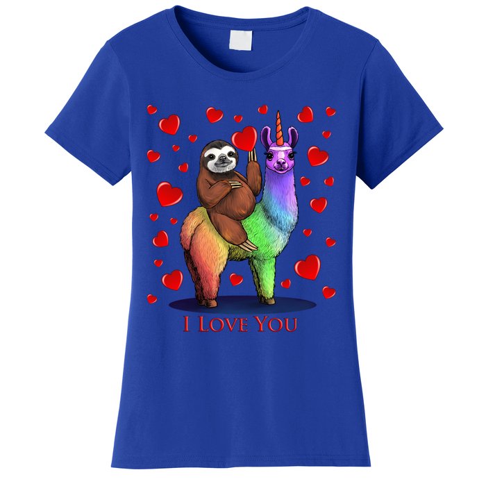 Valentines Day Sloth Riding Llama Unicorn Hearts Gift Women's T-Shirt