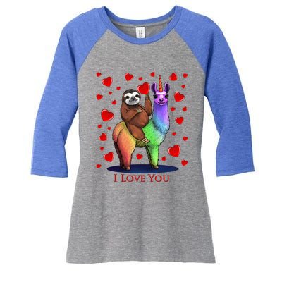 Valentines Day Sloth Riding Llama Unicorn Hearts Gift Women's Tri-Blend 3/4-Sleeve Raglan Shirt