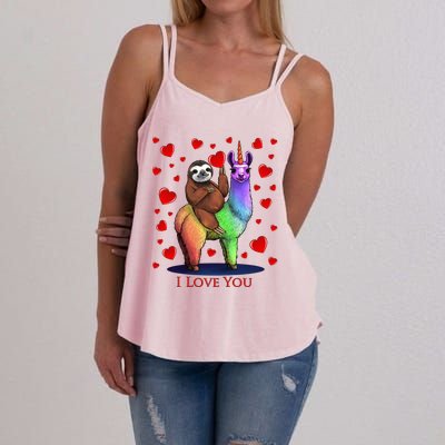 Valentines Day Sloth Riding Llama Unicorn Hearts Gift Women's Strappy Tank