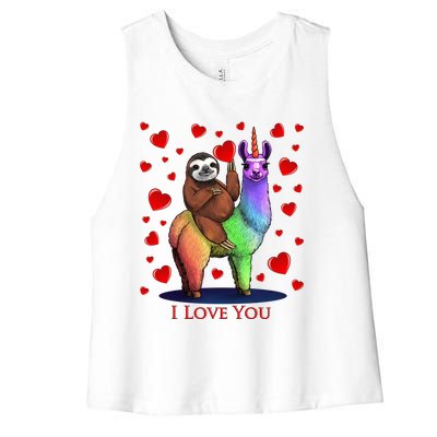 Valentines Day Sloth Riding Llama Unicorn Hearts Gift Women's Racerback Cropped Tank