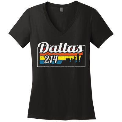 Vintage Dallas Skyline 214 State Of Texas Retro Gift Women's V-Neck T-Shirt