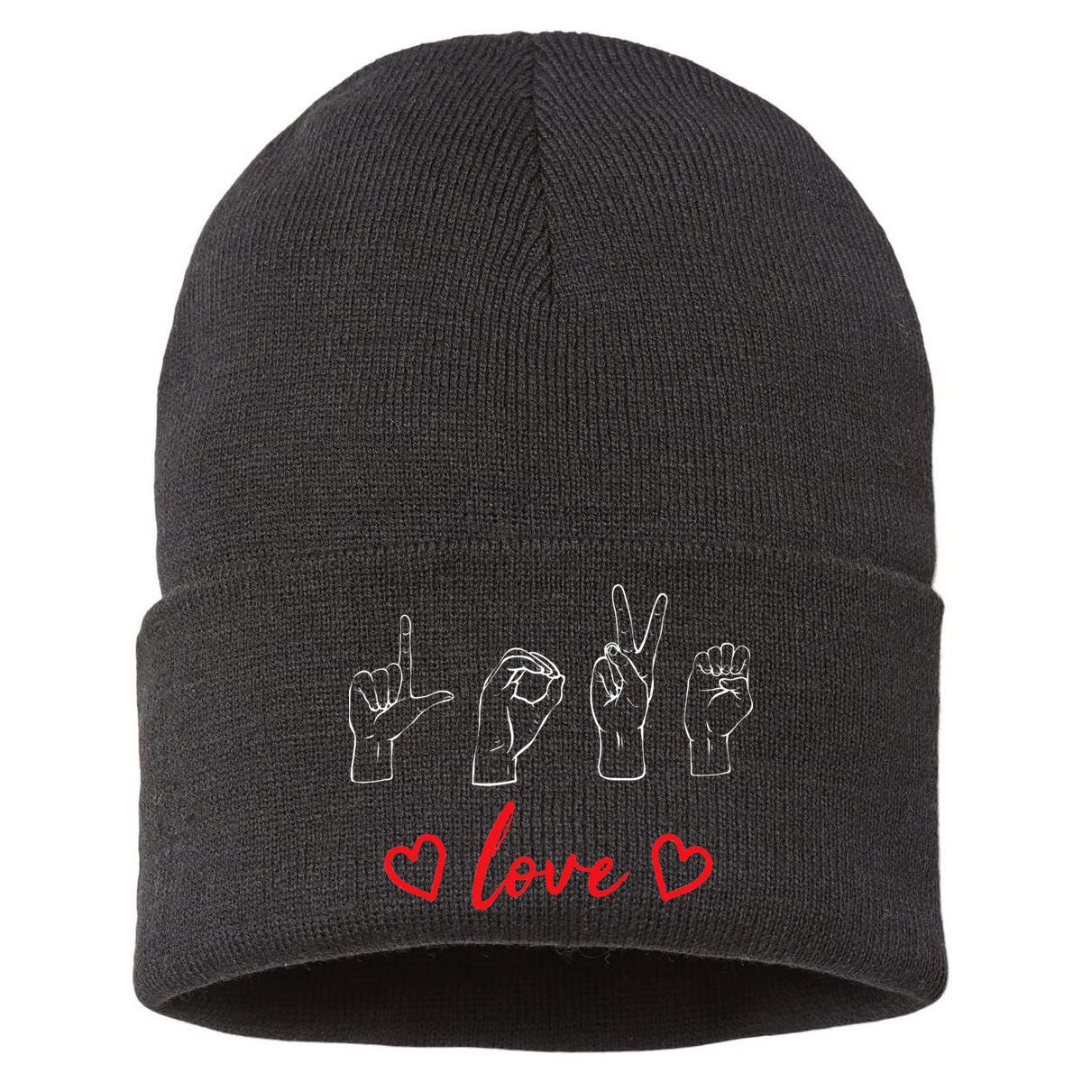 Valentine's Day Sign Language Love Finger Spelling ASL Sustainable Knit Beanie