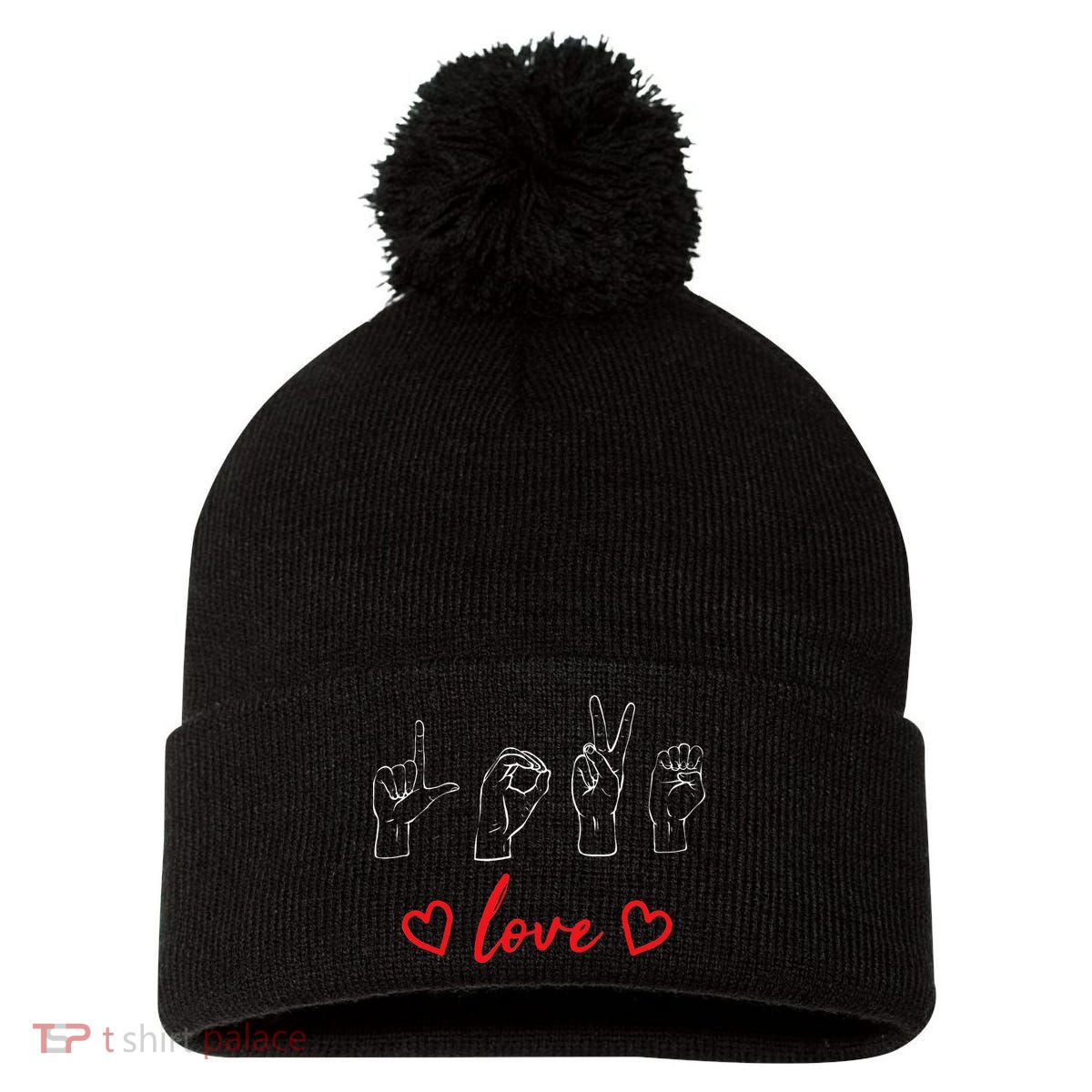 Valentine's Day Sign Language Love Finger Spelling ASL Pom Pom 12in Knit Beanie