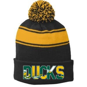 Vibrant Ducks Text Bold And Playful Design Stripe Pom Pom Beanie