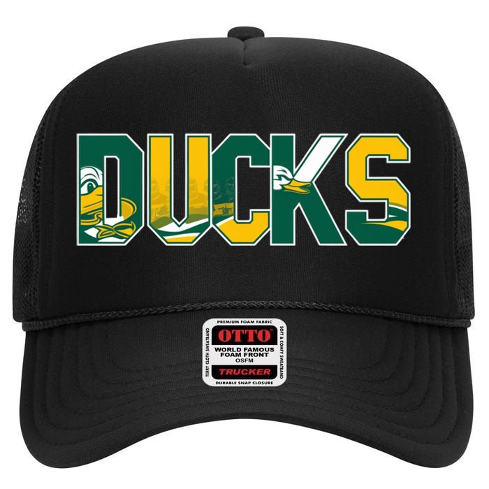 Vibrant Ducks Text Bold And Playful Design High Crown Mesh Back Trucker Hat