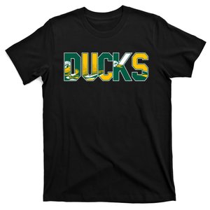 Vibrant Ducks Text Bold And Playful Design T-Shirt