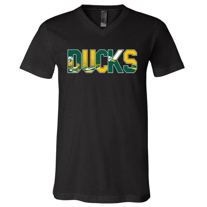 Vibrant Ducks Text Bold And Playful Design V-Neck T-Shirt