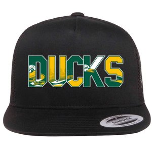 Vibrant Ducks Text Bold And Playful Design Flat Bill Trucker Hat