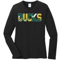 Vibrant Ducks Text Bold And Playful Design Ladies Long Sleeve Shirt