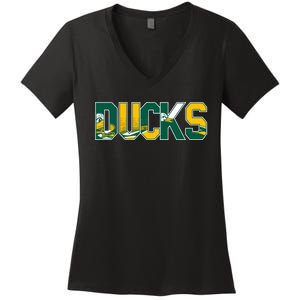 Vibrant Ducks Text Bold And Playful Design Women's V-Neck T-Shirt