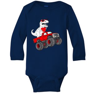 Valentines Day T Rex Riding Monster Truck Funny Toddler Boys Baby Long Sleeve Bodysuit