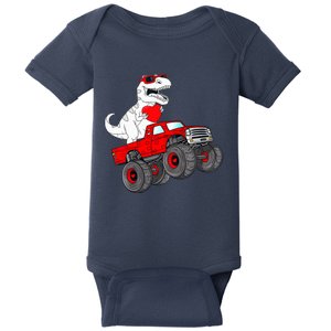 Valentines Day T Rex Riding Monster Truck Funny Toddler Boys Baby Bodysuit