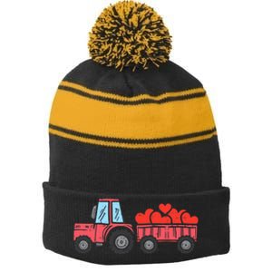 Valentines Day Tractor Truck Hearts Farm Stripe Pom Pom Beanie