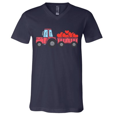 Valentines Day Tractor Truck Hearts Farm V-Neck T-Shirt