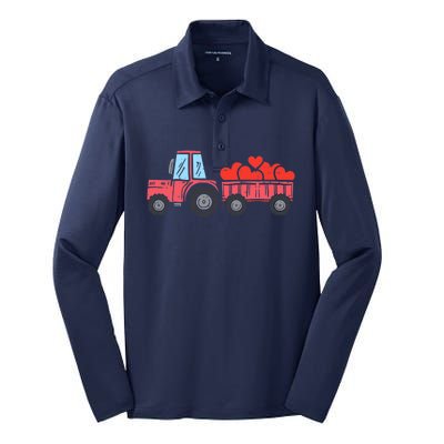 Valentines Day Tractor Truck Hearts Farm Silk Touch Performance Long Sleeve Polo