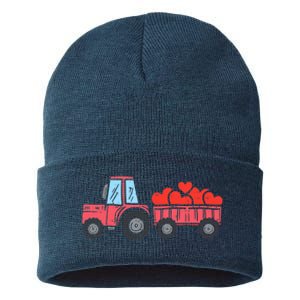 Valentines Day Tractor Truck Hearts Farm Sustainable Knit Beanie