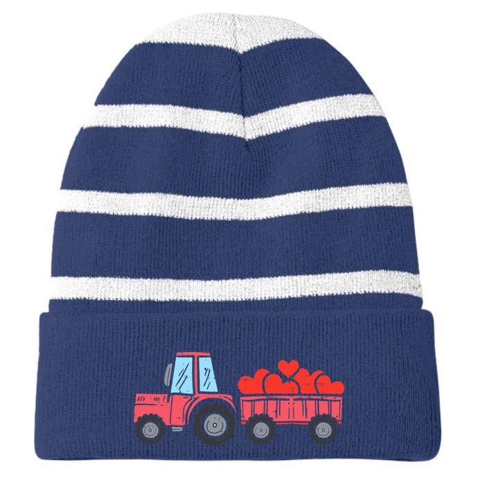 Valentines Day Tractor Truck Hearts Farm Striped Beanie with Solid Band