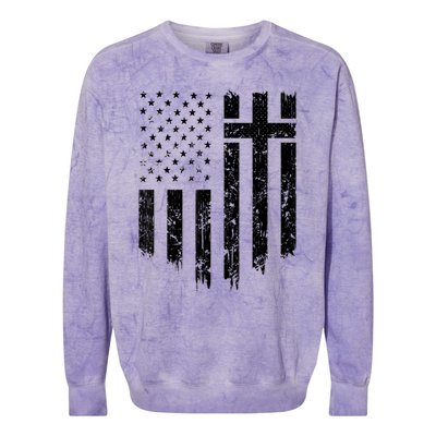 Vintage Distressed USA Flag Cross Christian Faith Gift Colorblast Crewneck Sweatshirt