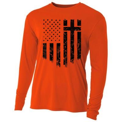 Vintage Distressed USA Flag Cross Christian Faith Gift Cooling Performance Long Sleeve Crew