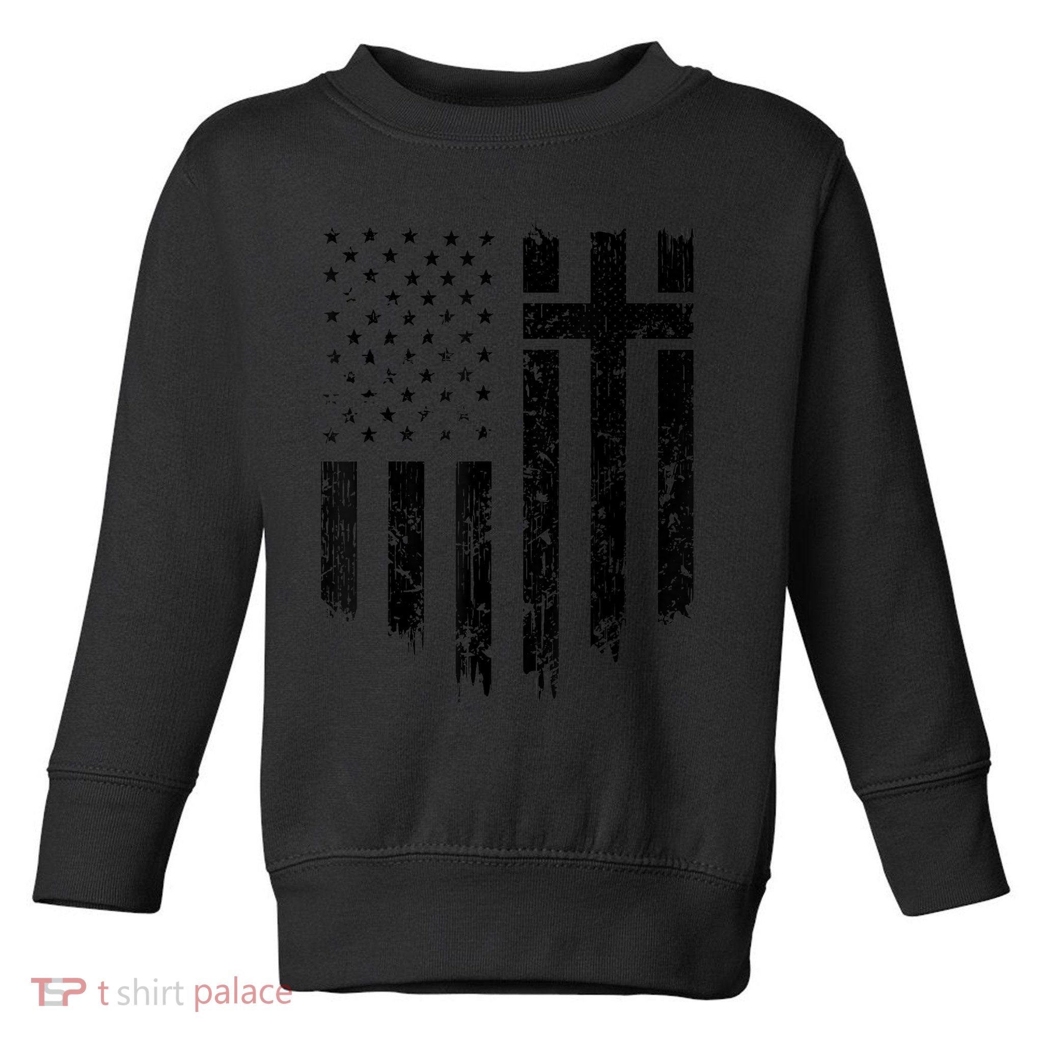 Vintage Distressed USA Flag Cross Christian Faith Gift Toddler Sweatshirt