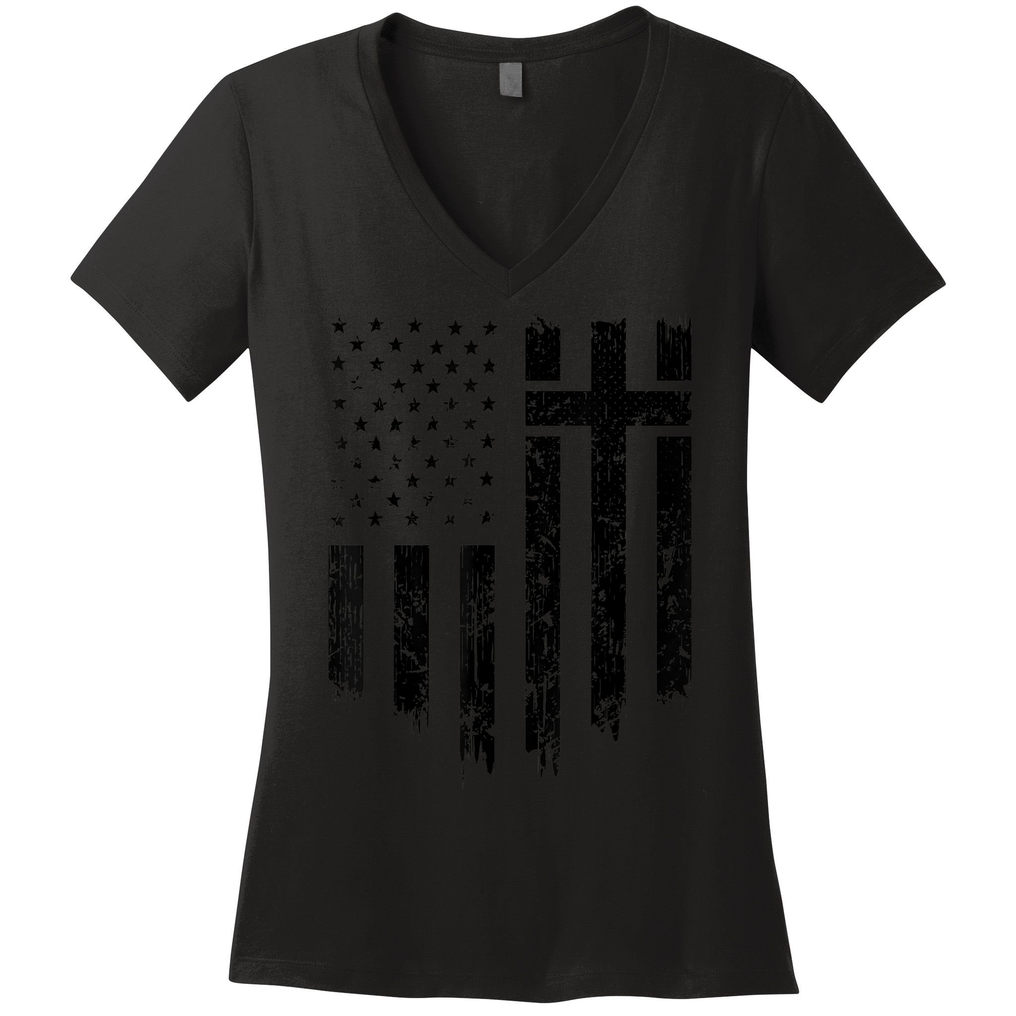 Vintage Distressed USA Flag Cross Christian Faith Gift Women's V-Neck T-Shirt