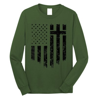 Vintage Distressed USA Flag Cross Christian Faith Gift Long Sleeve Shirt