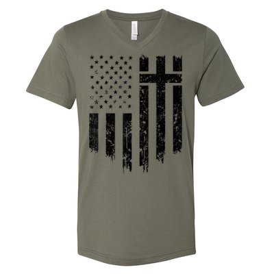 Vintage Distressed USA Flag Cross Christian Faith Gift V-Neck T-Shirt