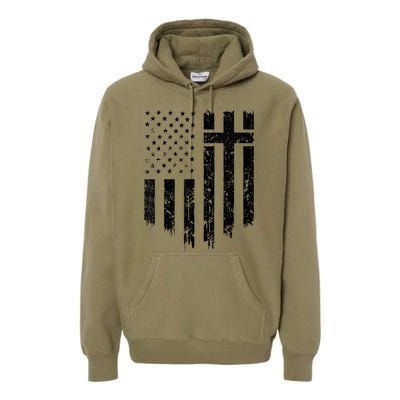 Vintage Distressed USA Flag Cross Christian Faith Gift Premium Hoodie