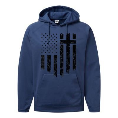 Vintage Distressed USA Flag Cross Christian Faith Gift Performance Fleece Hoodie