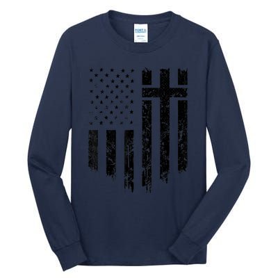 Vintage Distressed USA Flag Cross Christian Faith Gift Tall Long Sleeve T-Shirt