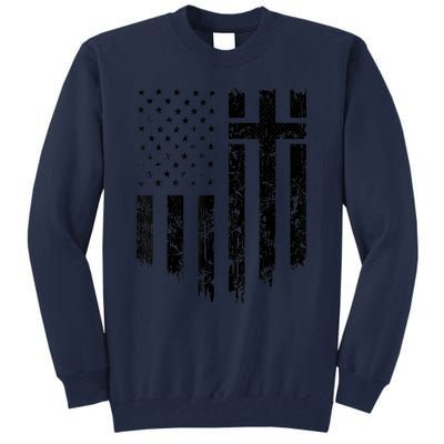 Vintage Distressed USA Flag Cross Christian Faith Gift Tall Sweatshirt