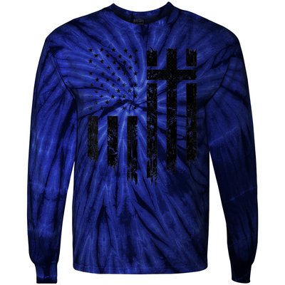 Vintage Distressed USA Flag Cross Christian Faith Gift Tie-Dye Long Sleeve Shirt