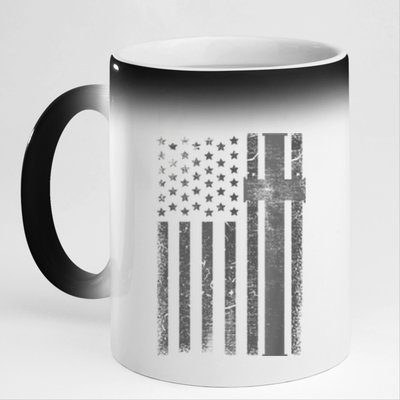 Vintage Distressed USA Flag Cross Christian Faith Gift 11oz Black Color Changing Mug