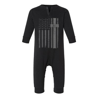 Vintage Distressed USA Flag Cross Christian Faith Gift Infant Fleece One Piece