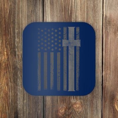 Vintage Distressed USA Flag Cross Christian Faith Gift Coaster