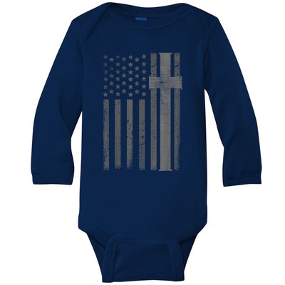 Vintage Distressed USA Flag Cross Christian Faith Gift Baby Long Sleeve Bodysuit