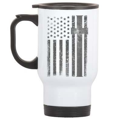 Vintage Distressed USA Flag Cross Christian Faith Gift Stainless Steel Travel Mug