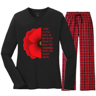 Veterans Day USA Memorial Lest We Forget Red Poppy Flower Women's Long Sleeve Flannel Pajama Set 