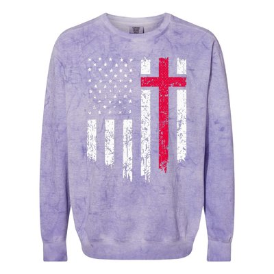 Vintage Distressed USA Flag Cross Christian Faith Colorblast Crewneck Sweatshirt