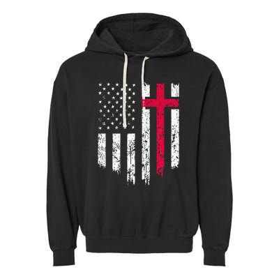 Vintage Distressed USA Flag Cross Christian Faith Garment-Dyed Fleece Hoodie