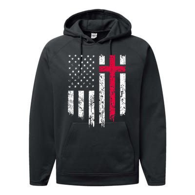 Vintage Distressed USA Flag Cross Christian Faith Performance Fleece Hoodie