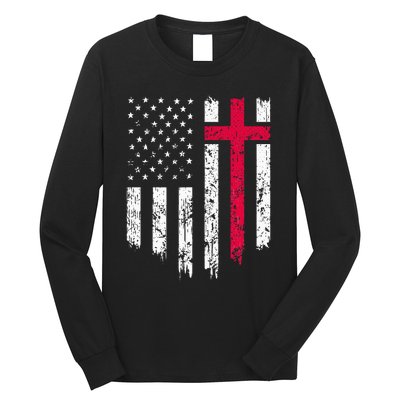 Vintage Distressed USA Flag Cross Christian Faith Long Sleeve Shirt