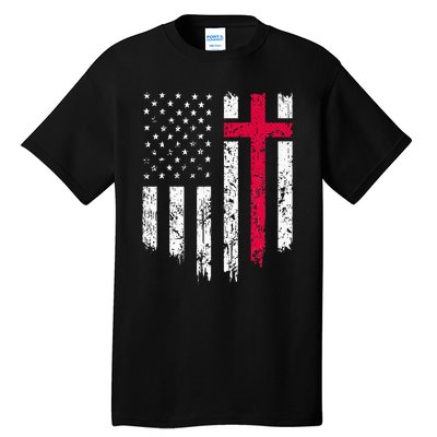 Vintage Distressed USA Flag Cross Christian Faith Tall T-Shirt